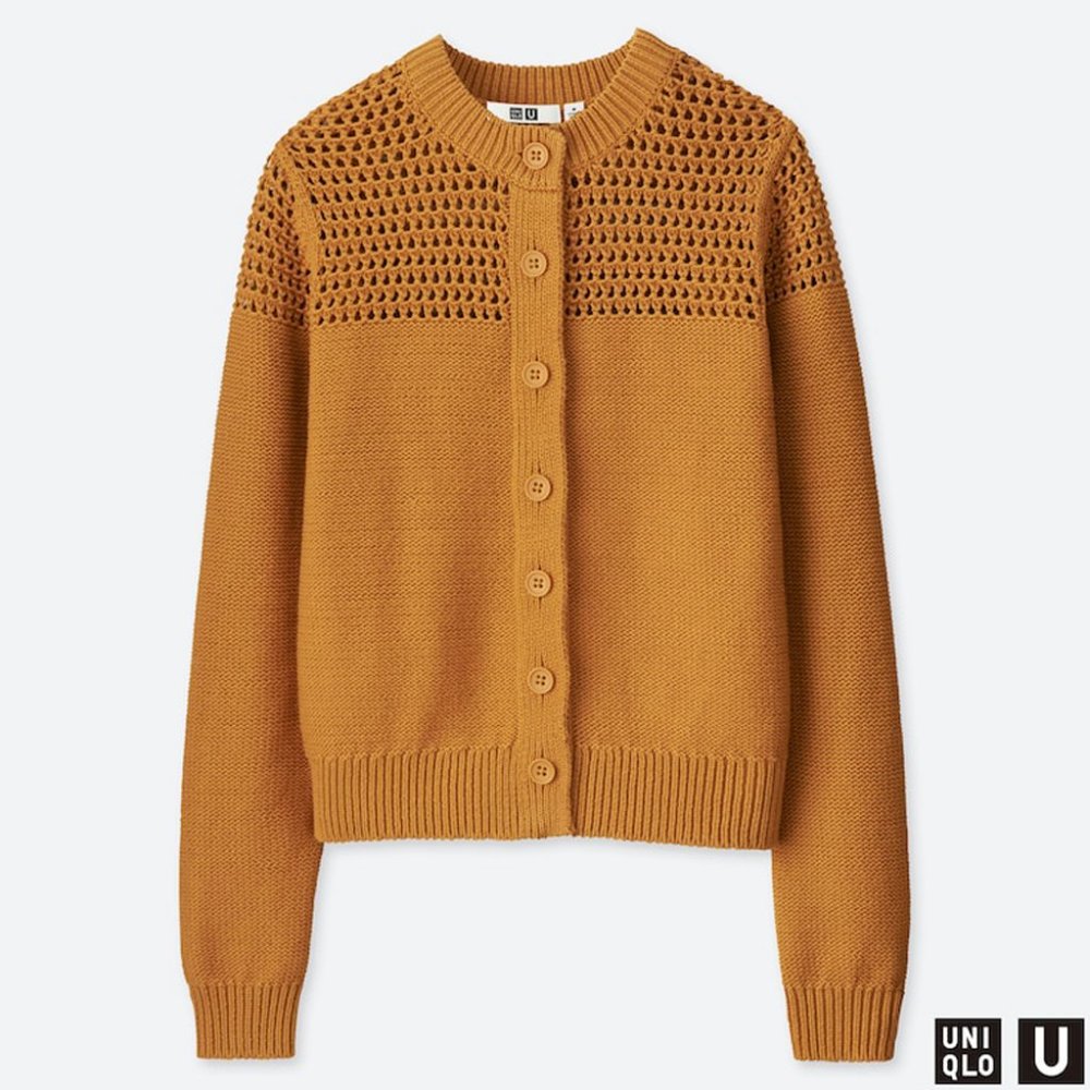 Uniqlo U Mustard Yellow Mesh Crewneck Cardigan, XS